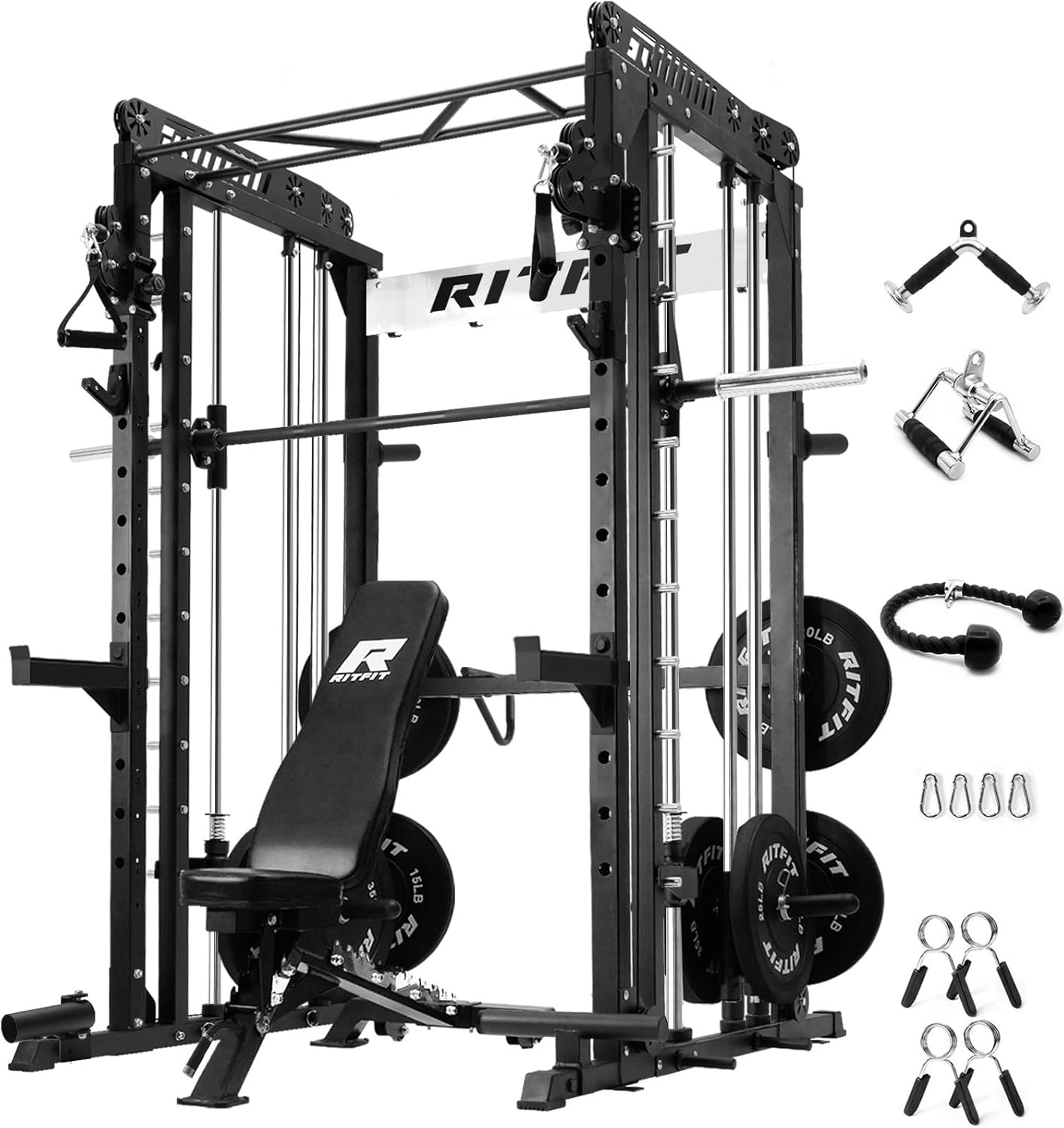 RitFit M1 & M1 Pro Smith Machine Weight Stack Set with Cable Crossover System, Multi-Function Squat Rack Power Cage for Home Gym, Power Rack and Packages