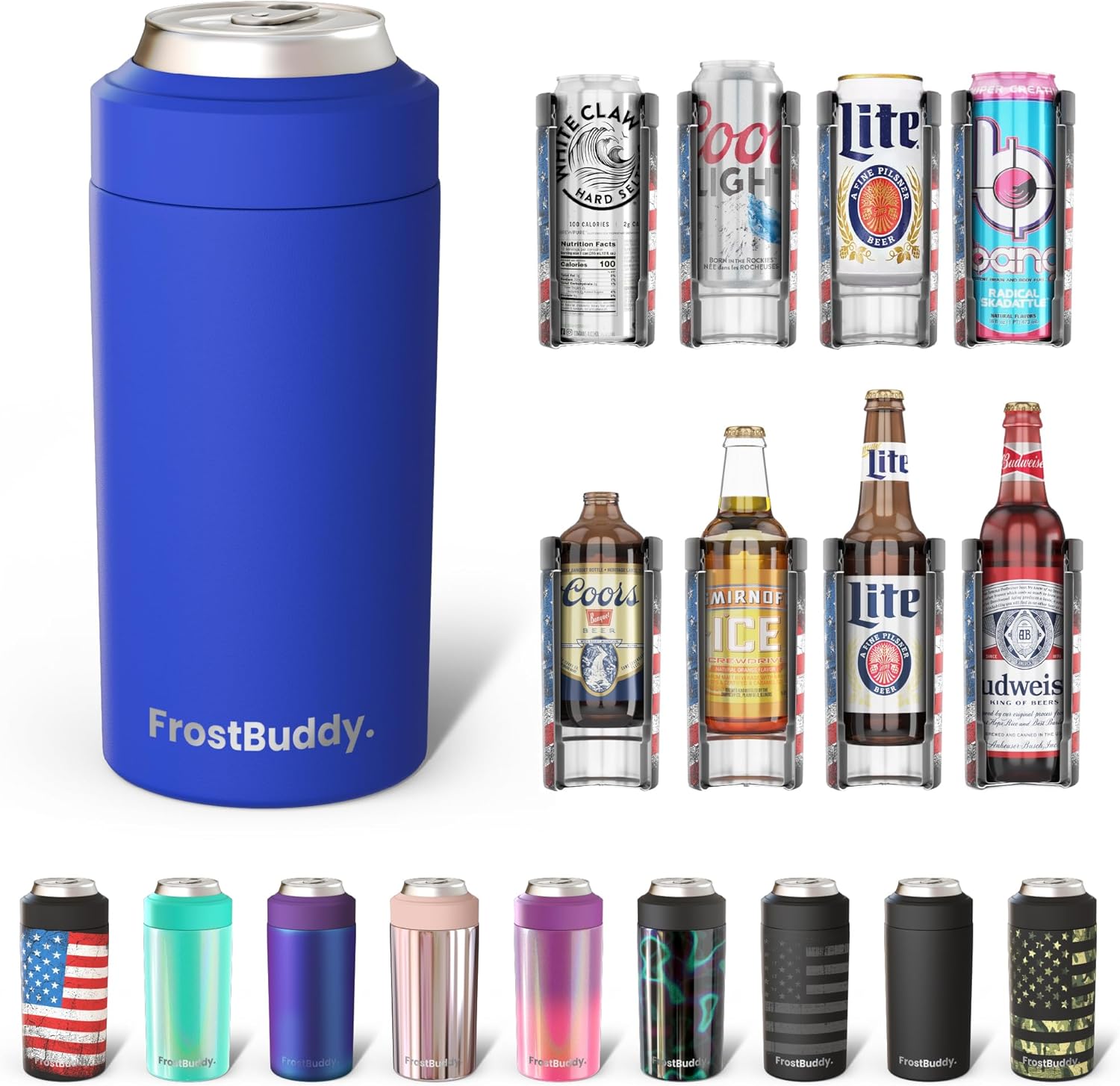 Frost Buddy Universal Can Cooler – Fits All – For Regular 12 & 16 oz or Slim-Size Bottles – Insulated Double-Walled Stainless Steel (Royal)