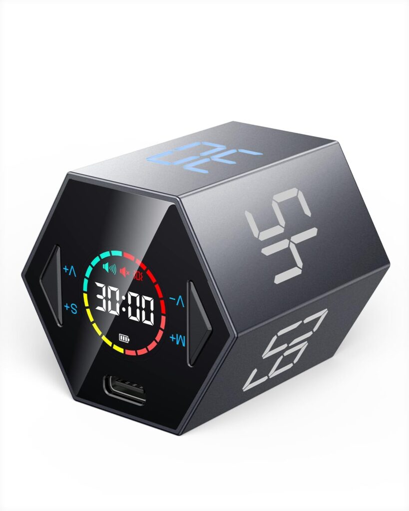 Pomodoro Timer Cube, Hexagon Productivity Timer, Pause & Resume, Silent, Vibrate & Adjustable Sound Alert, for ADHD, Task, Work, Study, 5/15/25/30/45/60min & Custom Countdown,Gray