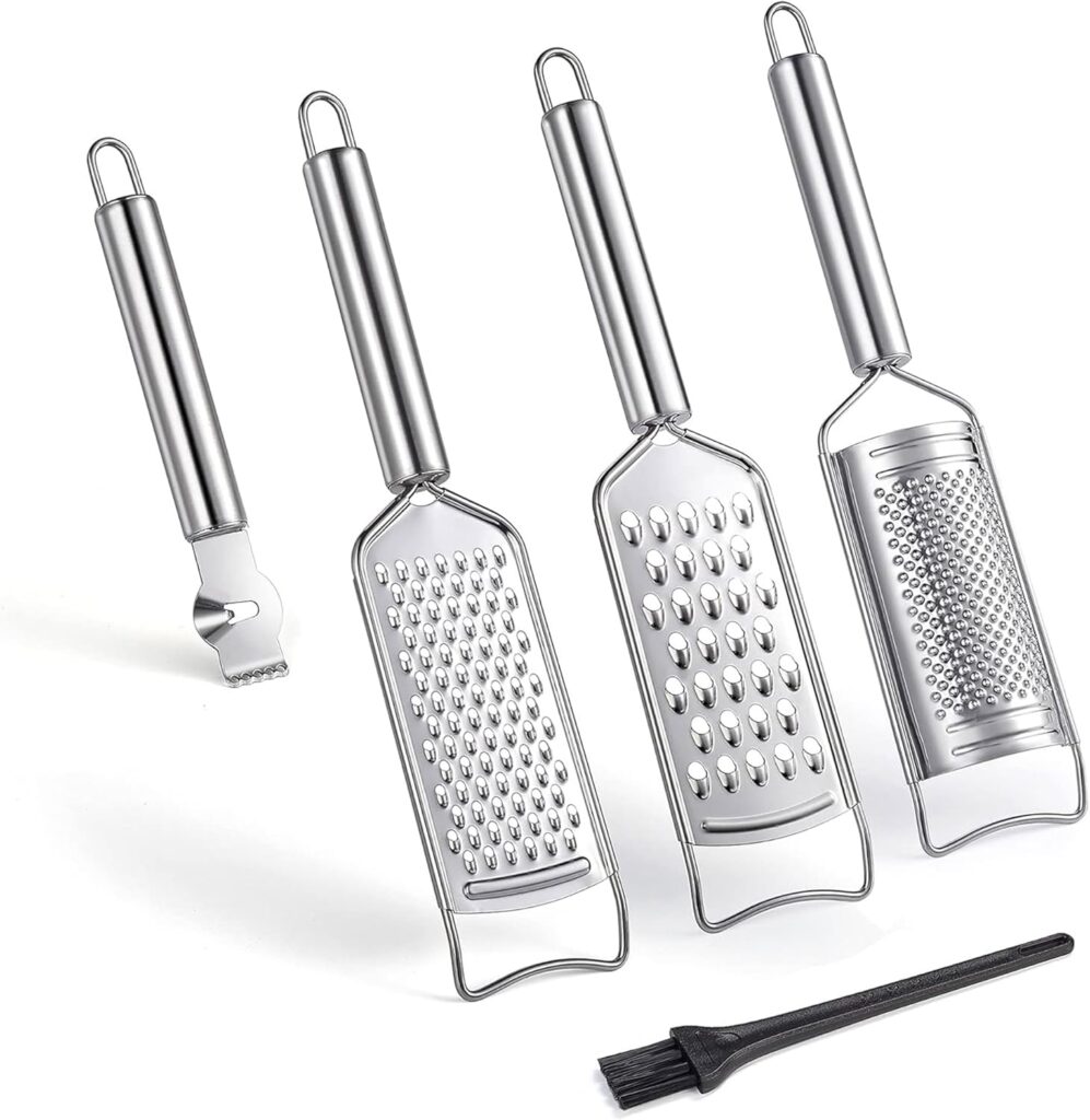 Stainless Steel Cheese Grater Set, Set of 5 Kitchen Grater & Peeler & Slicer, Lemon Zester with Cleaning Brush for Vegetable, Fruit, Chocolate