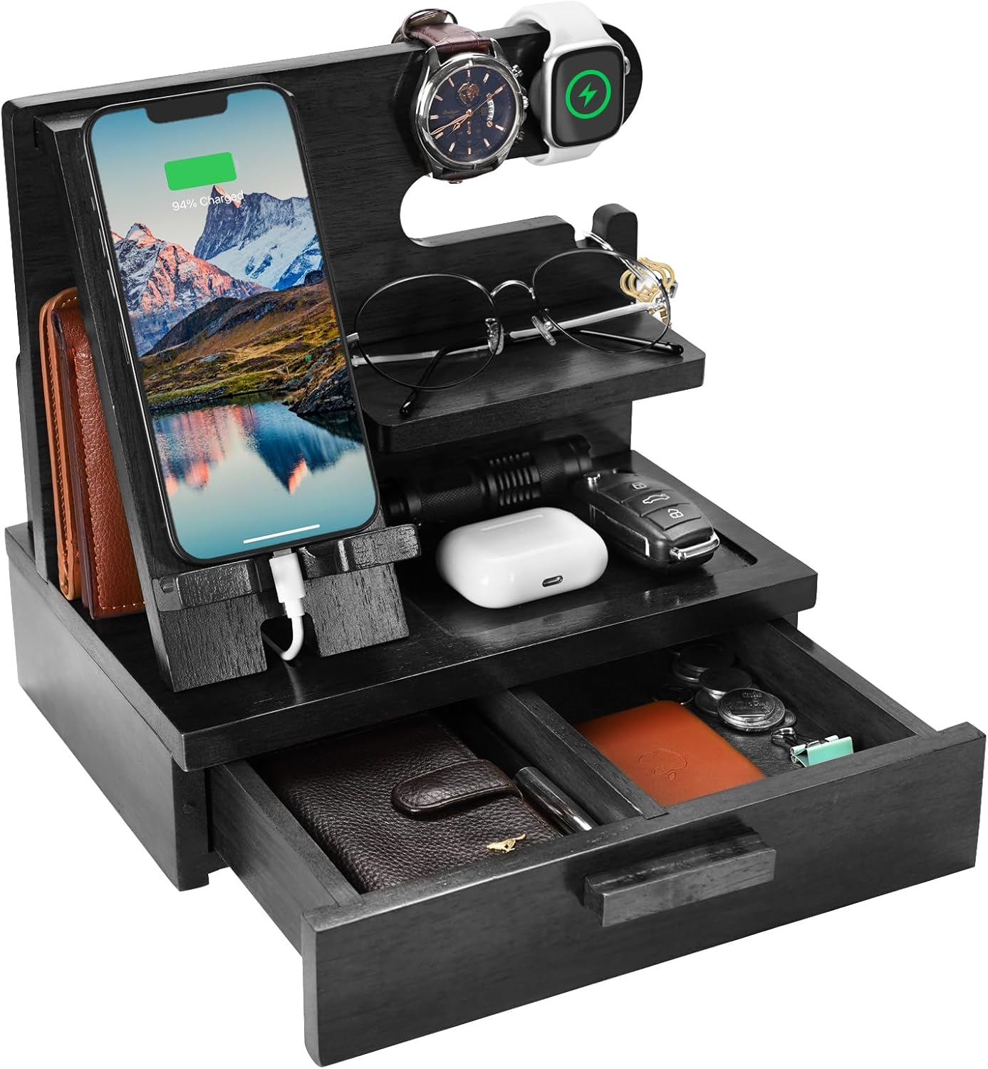 Gifts for Father Day Dad Men Husband Him from Daughter Son Wife, Wood Phone Docking Station with Drawer Nightstand Organizer, Birthday Gifts for Him Anniversary, Cool Gadgets for Boyfriend