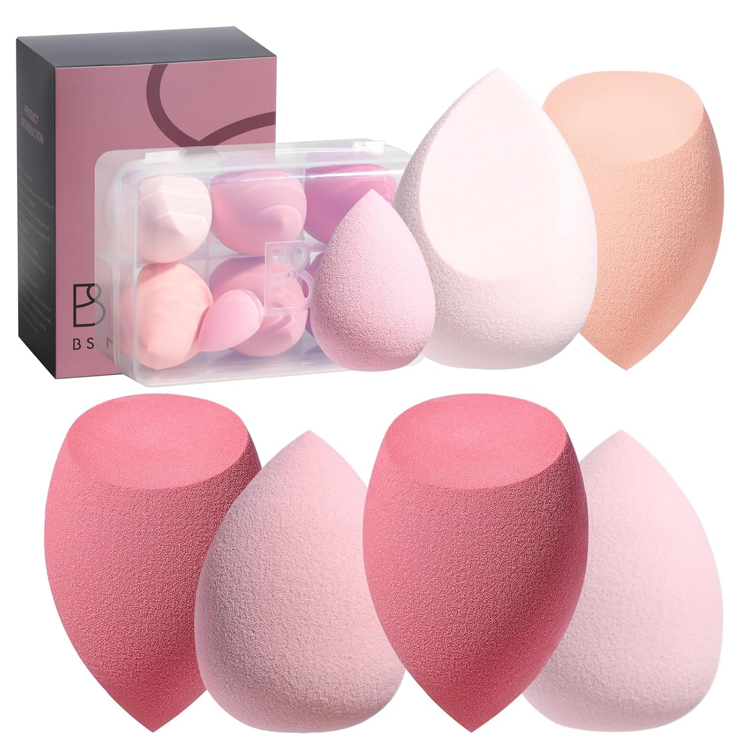 Makeup Sponge Set BS-MALL with Storage Case 7 Pcs for Liquid, Cream, and Powder, Multi-colored with 1 Mini Makeup Sponge Pink (A-Pink）