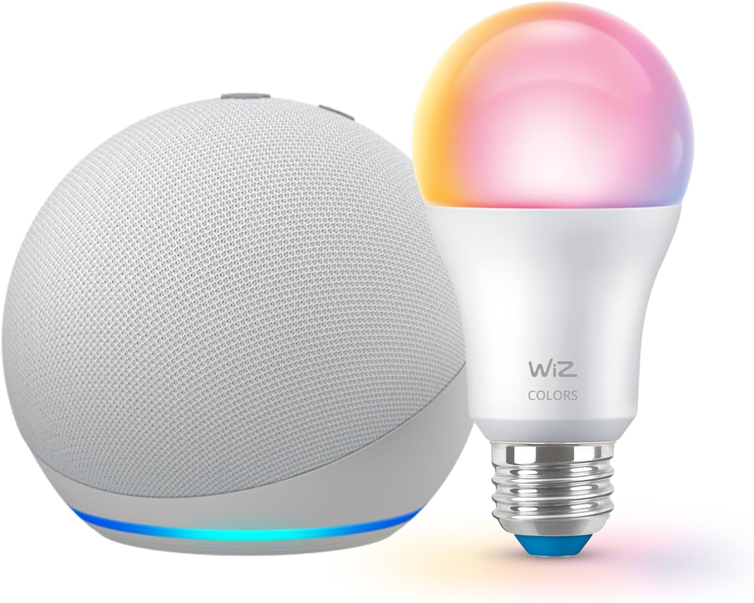 Echo Dot (newest model) with WiZ 60W A19 LED Smart Color Bulb – Connects to Your Wi-Fi – E26 Base – Control with Voice or App – Matter Compatible