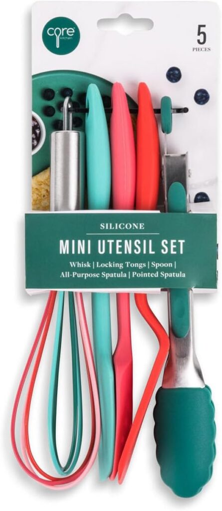 Core Kitchen Mini All-Purpose Spatula Whisk Tongs Multicolor Set Food-Grade BPA-Free Silicone Non-Stick Baking & Cooking Utensil Serving Tools, Dishwasher Safe, 5 Piece Set, 44962