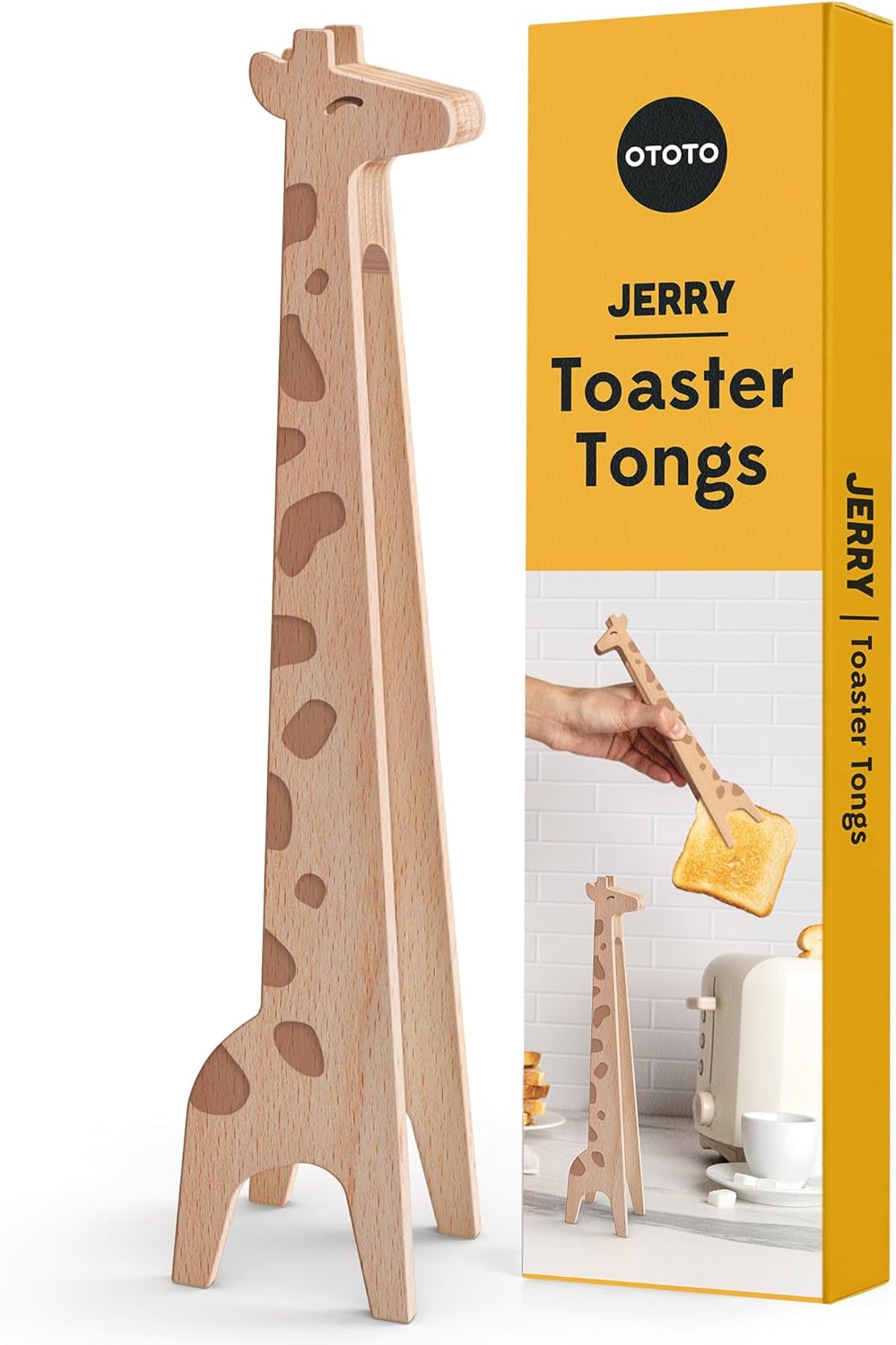 NEW OTOTO Jerry the Giraffe Toaster Tongs – Multipurpose Wooden Tongs for Cooking, Serving Food, Kitchen Gifts, Fun Gifts, Cute Kitchen Accessories, Fun Gadgets