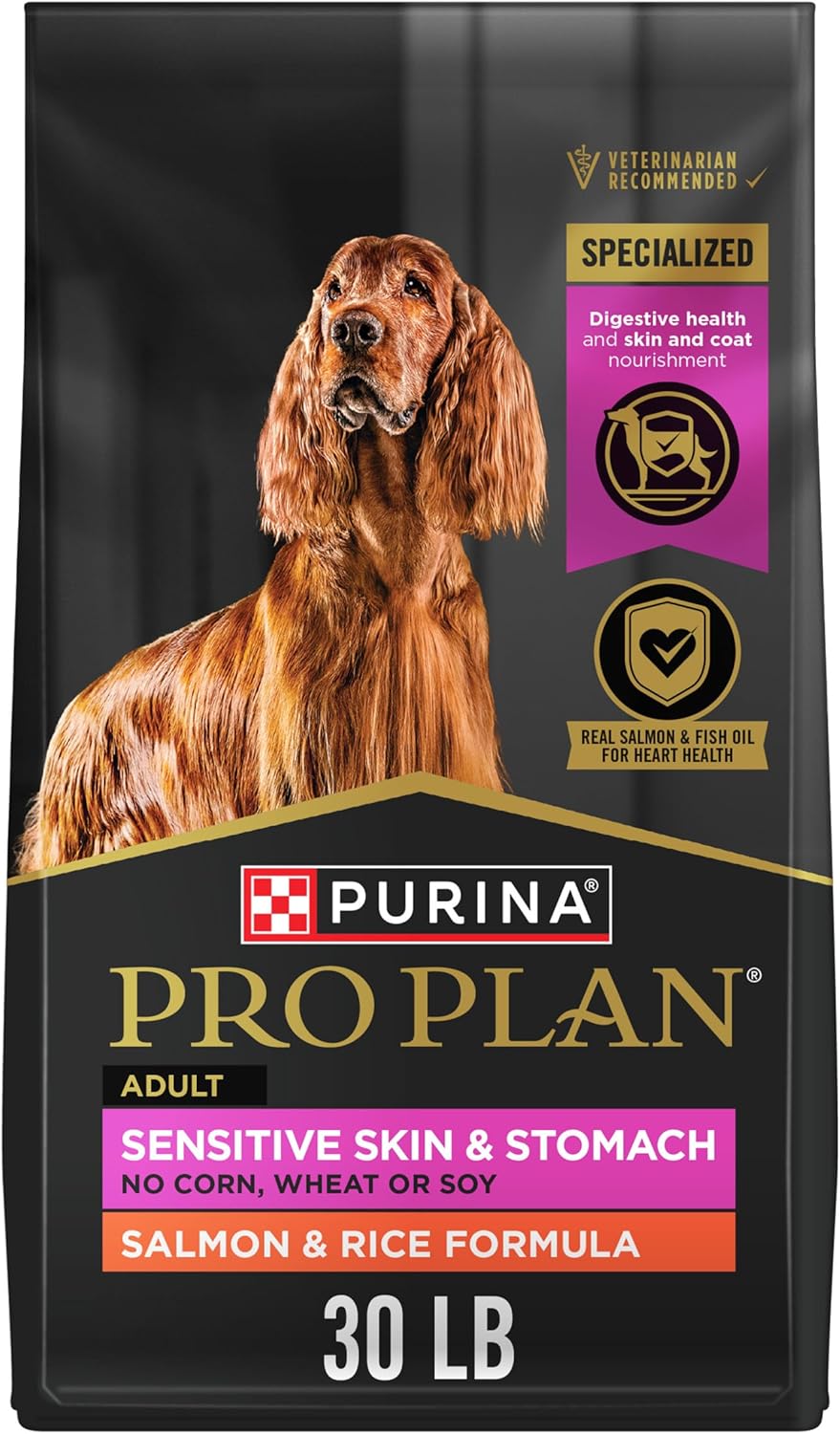 Purina Pro Plan Sensitive Skin and Stomach Dog Food Dry, Adult Salmon & Rice Formula, Digestive Health – 30 lb. Bag