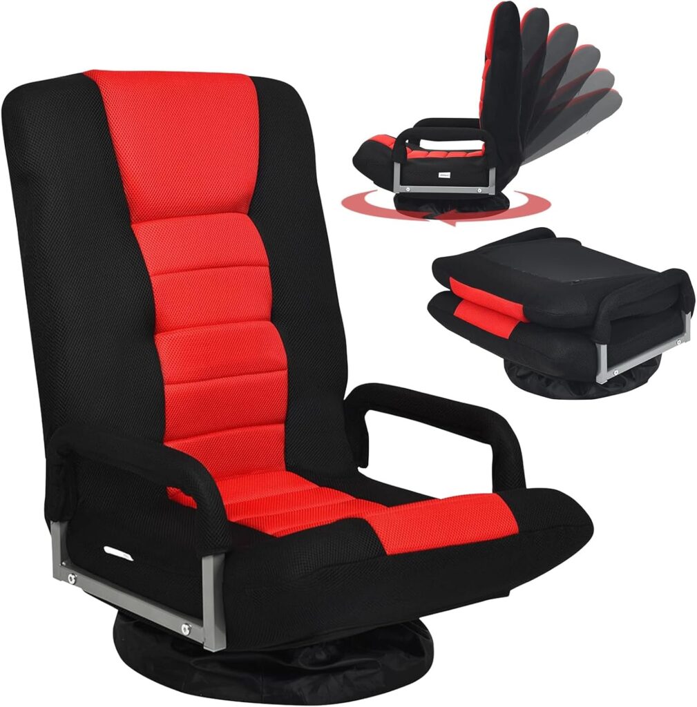 ERGOMASTER 360 Degree Swivel Video Gaming Floor Chair w/Armrests, Adjustable 6-Position Folding Floor Chair, Padded Backrest for Game, Reading (Black/Red)