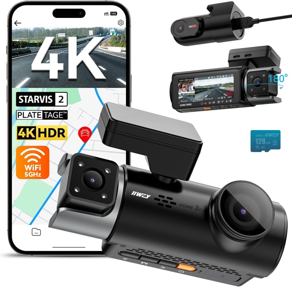 IIWEY 4K Dash Cam 3 Channel, Triple STARVIS 2 Sensors (IMX678 Front, IMX675 Cabin & Rear), 4K+2K+1080P HDR, Night Vision 3.0, PlateTag AI for Plate Clarity, 5GHz WiFi, GPS, Parking Mode, 128GB Card In