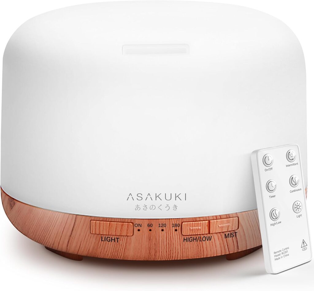 ASAKUKI Essential Oil Diffuser 500ml, Ultrasonic Aromatherapy Humidifier with Remote Control, 7 LED Colors, Timer & Auto-Off, Large Room Diffuser ASAKUKI Essential Oil Diffuser 500ml, Ultrasonic Aromatherapy Humidifier with Remote Control, 7 LED Colors, Timer & Auto-Off, Large Room Diffuser
