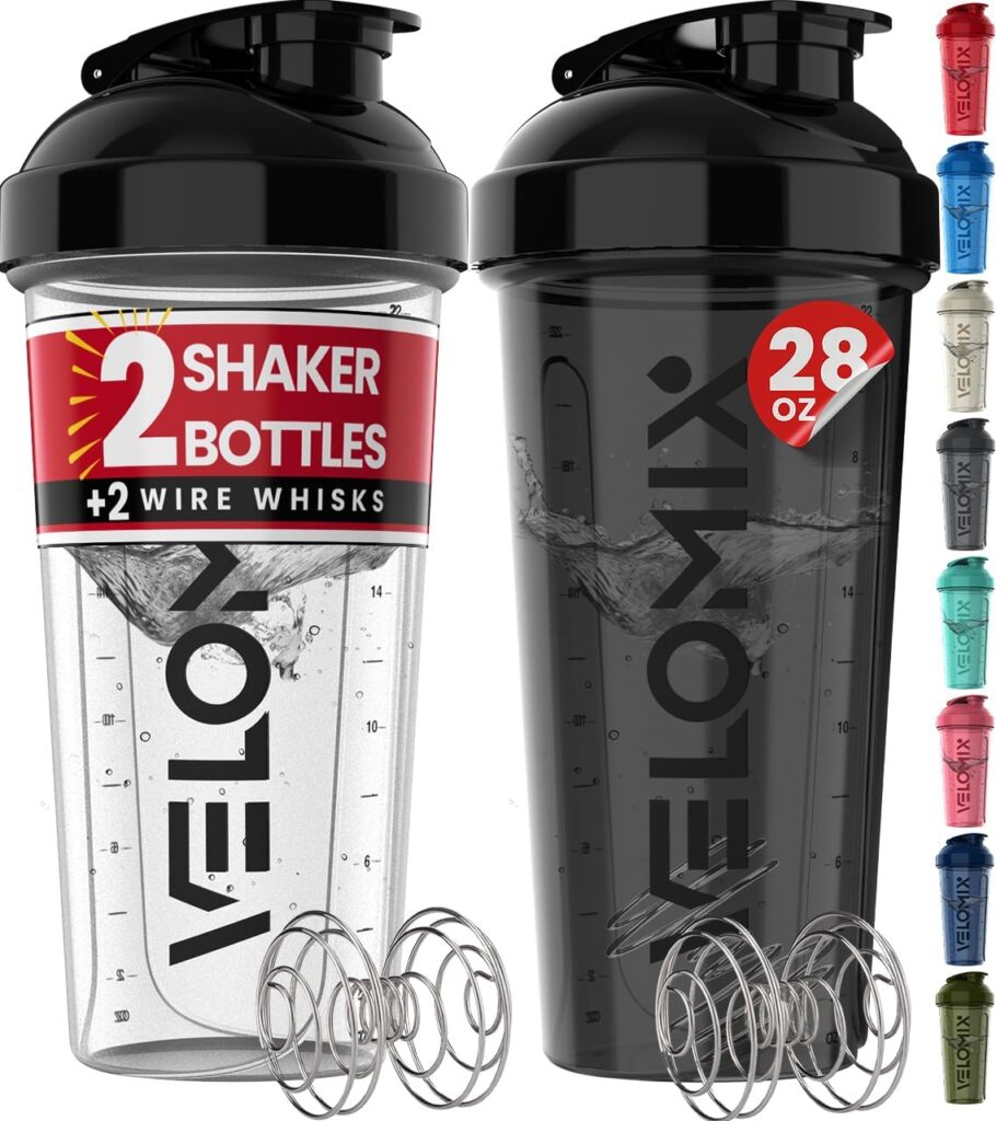 VELOMIX -2 Pack- 28 oz Protein Shaker Bottles for Protein Mixes – 2x Wire Whisk | Leak Proof Shaker Cups for Protein Shakes | Protein Shaker Bottle Pack (Black/Transparent)