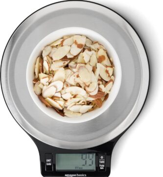 Amazon Basics Digital Kitchen Scale with LCD Display, Batteries Included, Weighs up to 11 pounds, Black and Stainless Steel