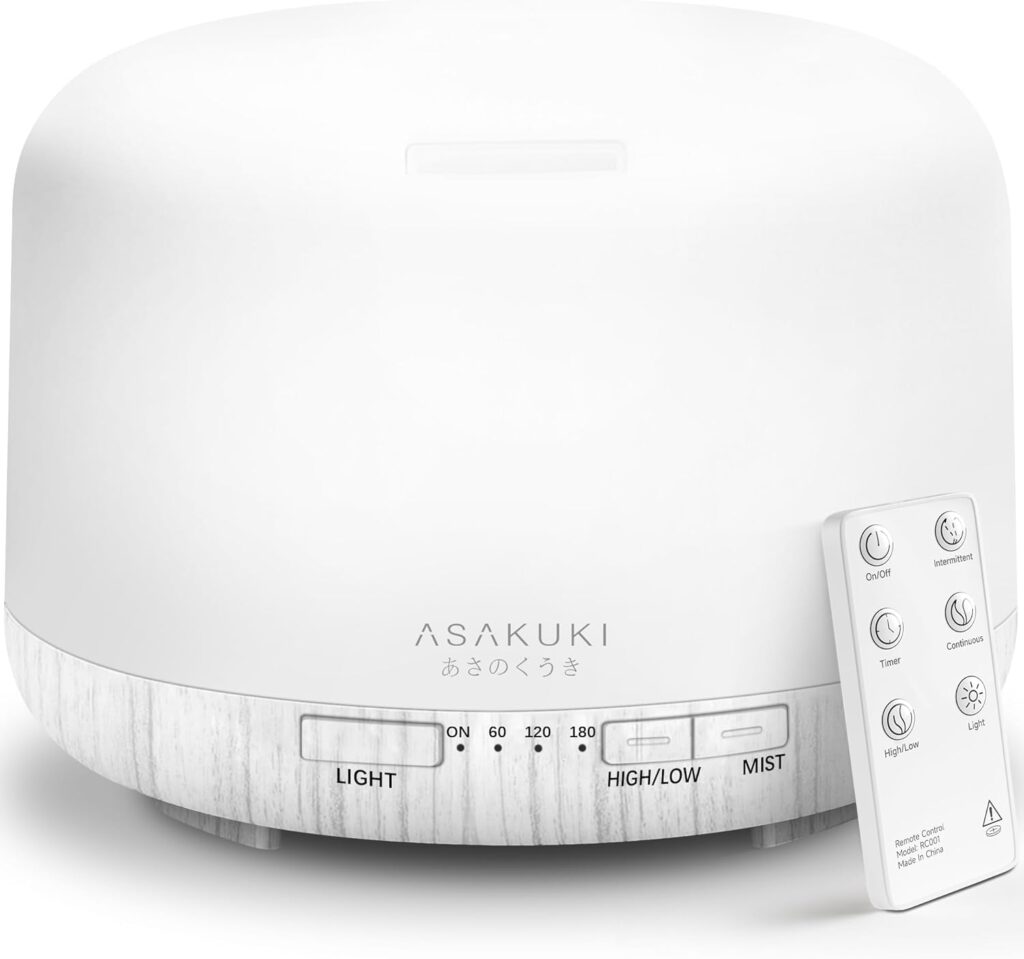 ASAKUKI Essential Oil Diffuser 500ml, Ultrasonic Aromatherapy Humidifier with Remote Control, 7 LED Colors, Timer & Auto-Off, Large Room Diffuser Valentine’s Gift (White)