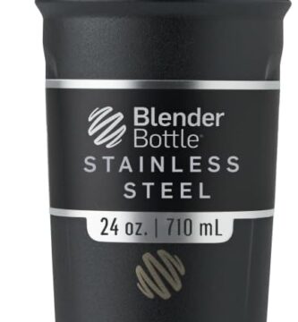BlenderBottle Strada Shaker Cup Insulated Stainless Steel Water Bottle with Wire Whisk, 24-Ounce, Black