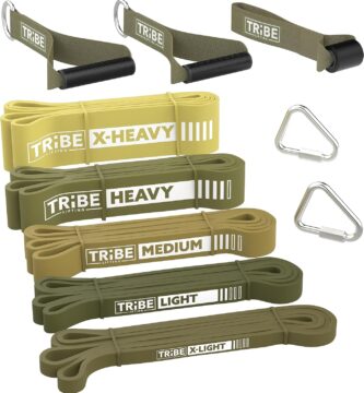 Tribe Lifting Resistance Bands for Working Out Men and Women – Set of 5 Pull Up Bands for Strength Training, Exercise Bands with Handles, Door Anchor and Bar Options for Home Gym