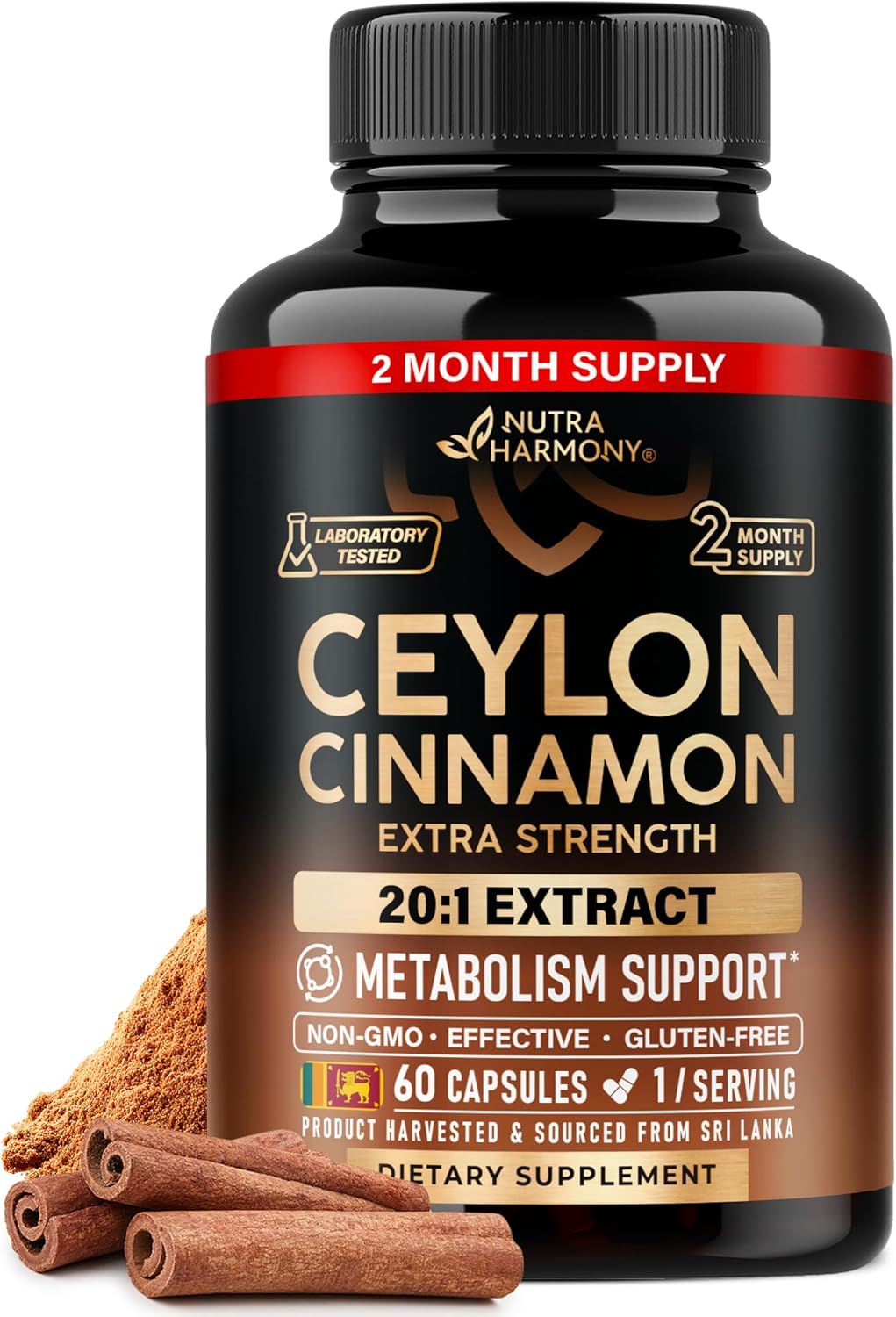 Ceylon Cinnamon Capsules – Extra Strength – Energy Heart & Metabolism Support for Men & Women – Pure Natural Cinnamon 20:1 Extract Supplement – GMO & Gluten Free – Lab Tested – 60 Capsules 2 Month